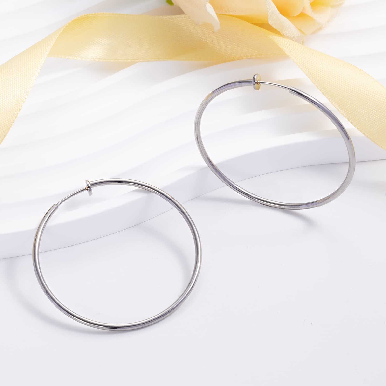 Stainless Steel Big Clip On Spring Hoop Earrings 3-Piece Jewelry Set in Gunmetal Tone - Perfect for Parties, Weddings & Everyday Fashion Accessories