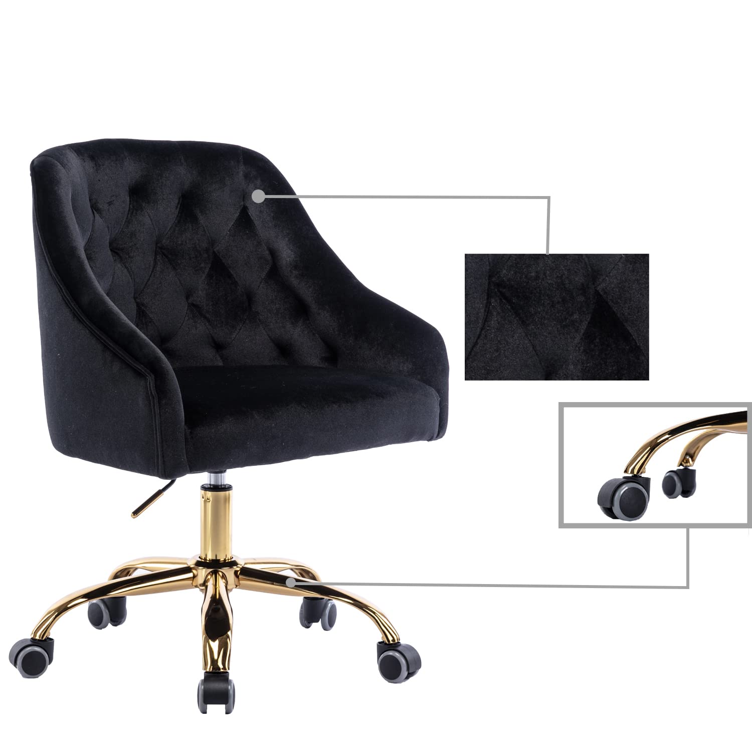 Ergonomic Modern Home Office Chair - Adjustable Swivel Desk Chair with Wheels for Work, Study & Makeup - Velvet Upholstered Task Chair for Living Room, Bedroom & Vanity (Black) - Perfect for Remote Work, Gaming & Beauty Routines