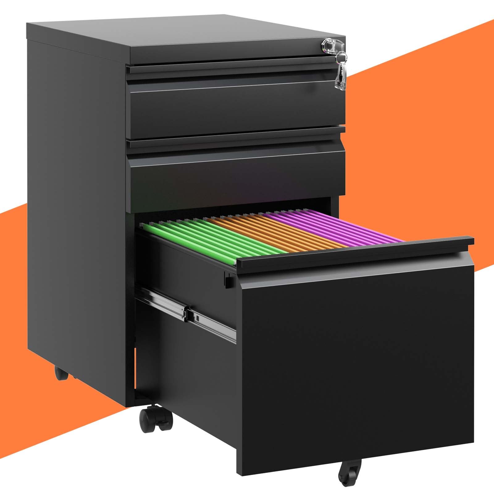 3-Drawer Mobile File Cabinet with Lock - Small Rolling Metal Office Storage Cabinet, Vertical Under Desk Filing Cabinet with Wheels - Fully Assembled Black for Home & Legal Office Use | Perfect for Document Organization & Space Saving