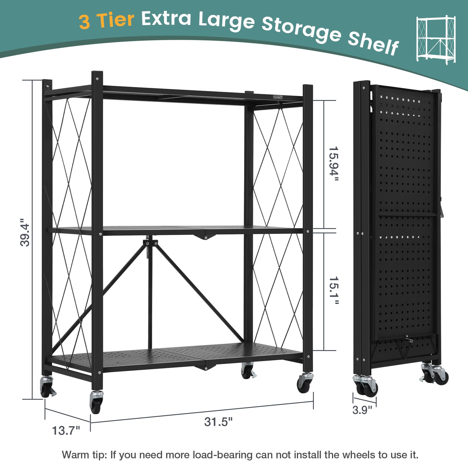 3-Tier Black Metal Storage Shelves with Wheels - No Assembly Bookshelf for Kitchen, Office, Laundry & Garage - Heavy Duty Rolling Utility Rack for Organizing Pantry, Closet, Workshop or Retail Space
