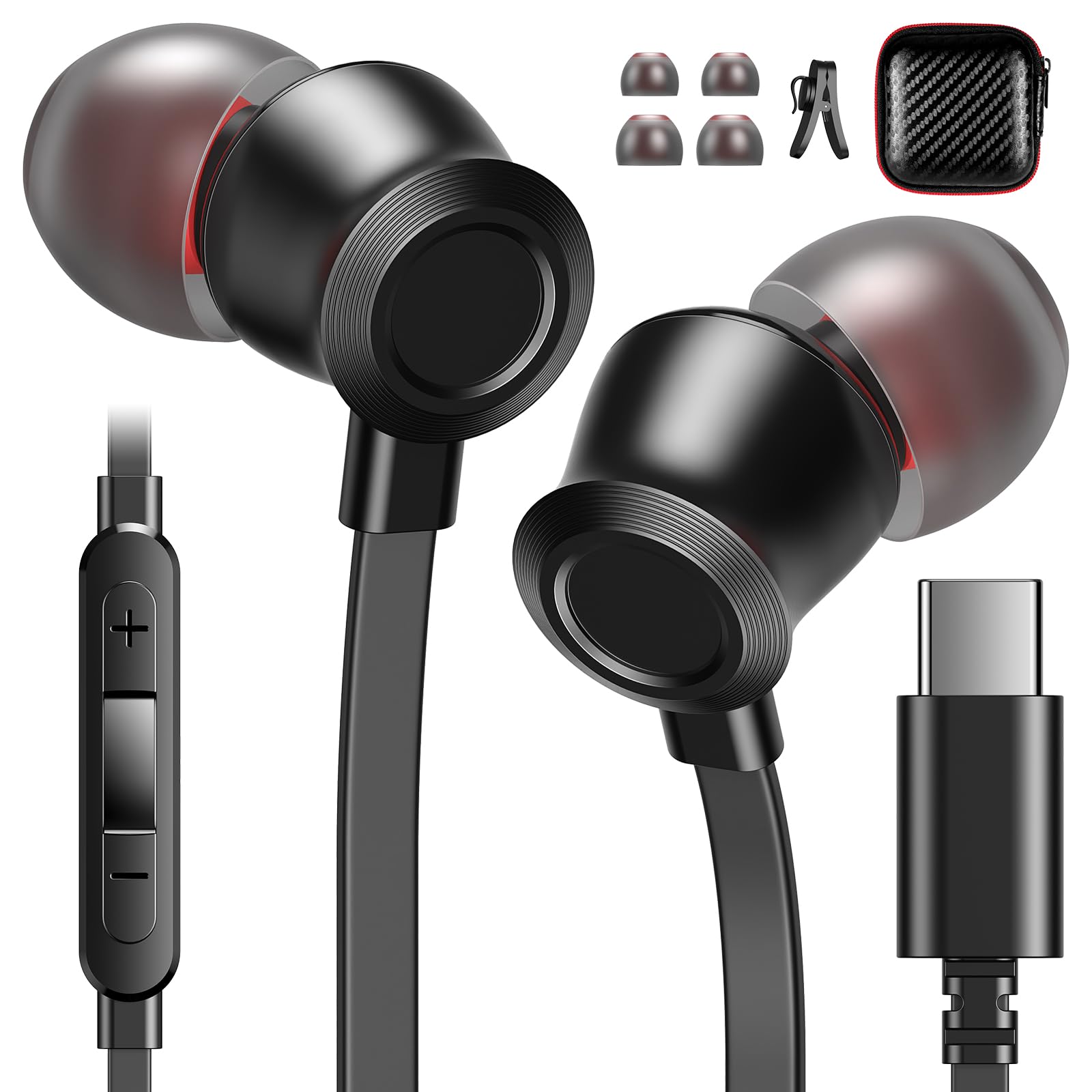 USB C Wired Earbuds with Noise Cancelling & Microphone - Compatible with MacBook Air/Pro, iPhone 15/16 Pro, iPad 10th Gen/Air, Samsung Galaxy S24/S25 Ultra - Volume Control for Work, Travel & Gaming (Black)
