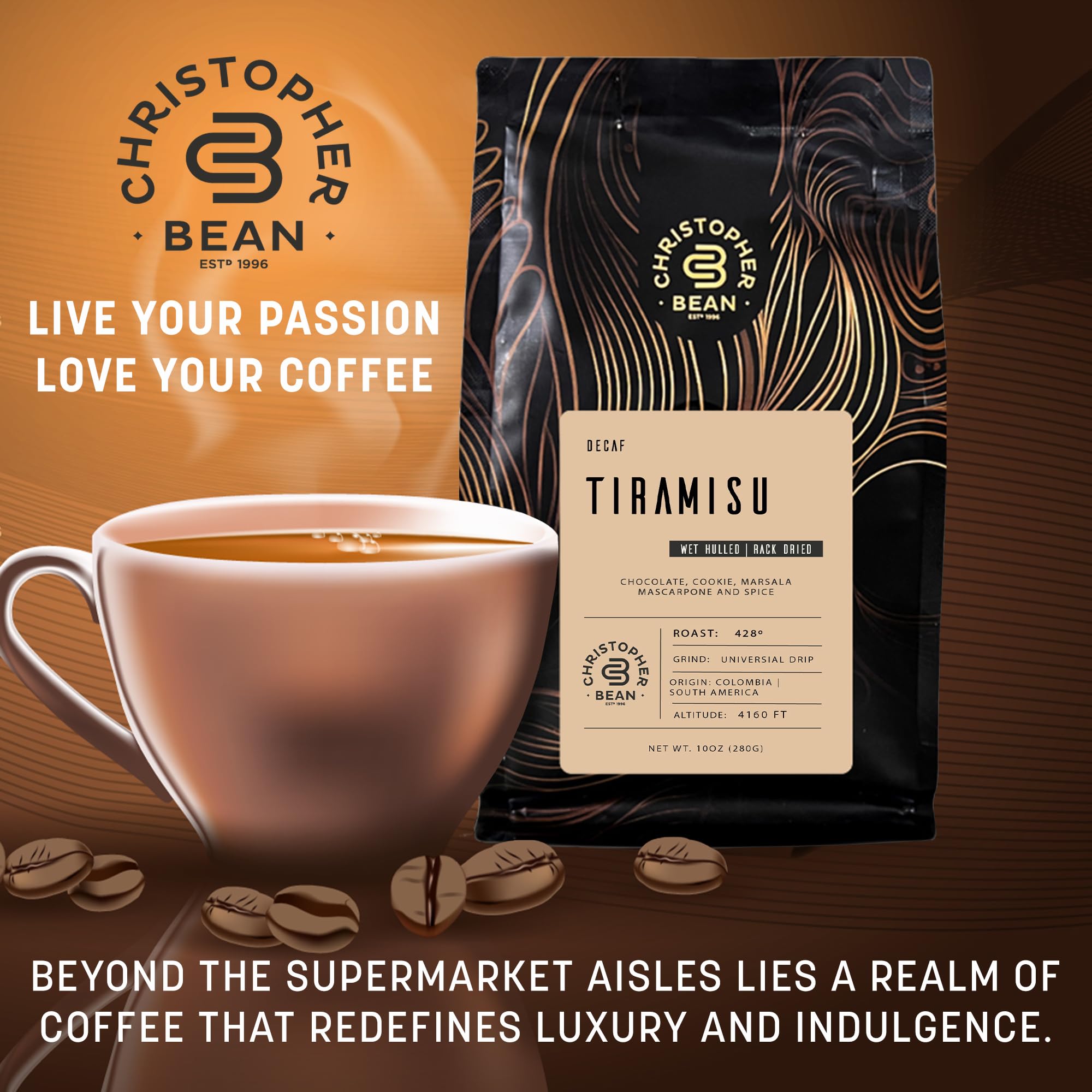 Christopher Bean Coffee - Decaf Ground Universal Drip Tiramisu Flavored Medium Roast Coffee | 100% Arabica, Sugar-Free, Fat-Free, Non-GMO | 10-Ounce Bag | Perfect for Home Brewing, Office Use & Gifts