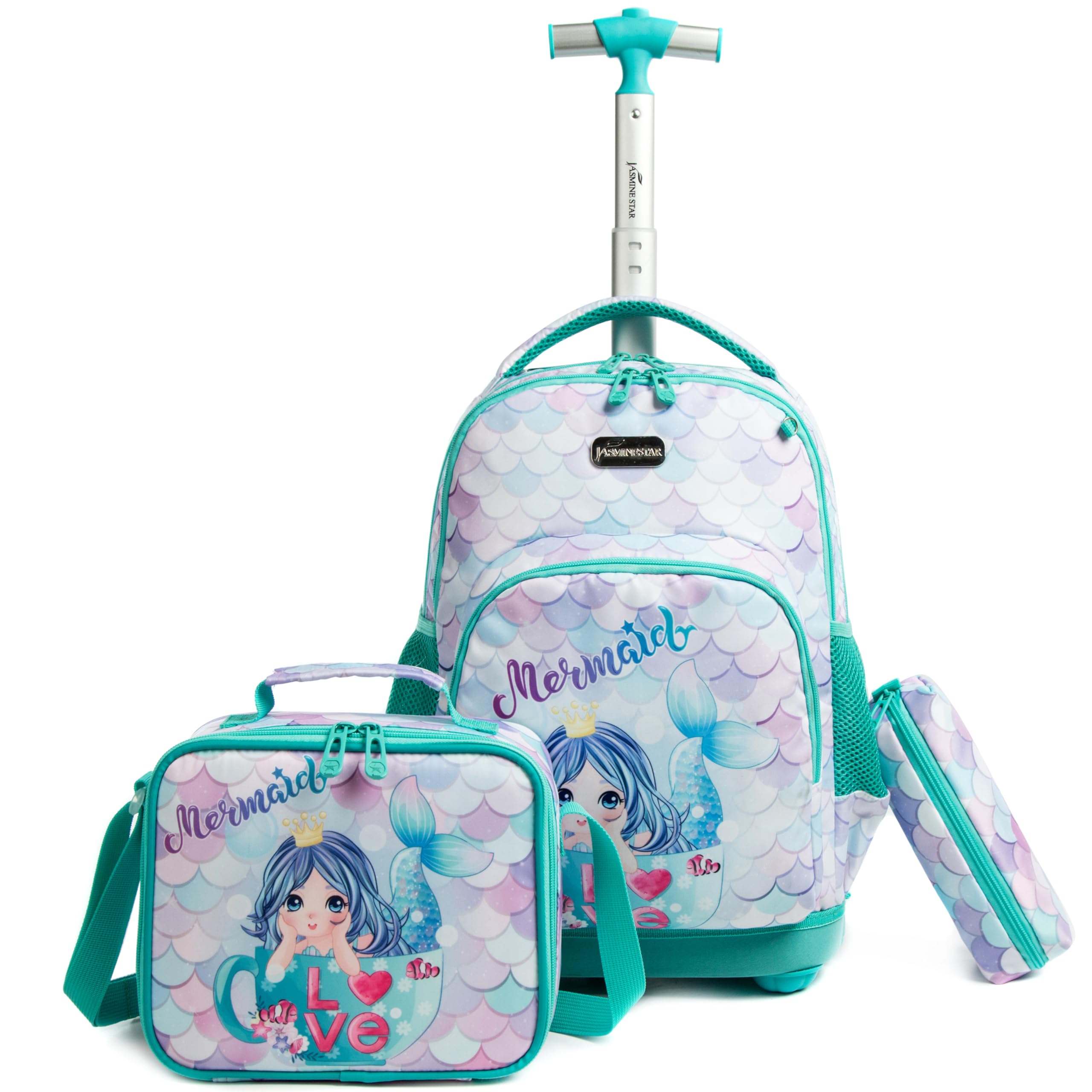 **Egchescebo Mermaid Rolling Backpack for Girls - Kids Wheeled Luggage & Travel Suitcase with Wheels, Toddler Bookbag for School, Lunch, and Elementary - Perfect for Travel, School, and Daily Use (Green)**