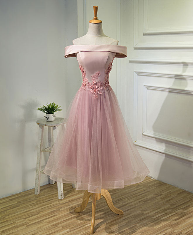Elegant Pink A-Line Off-Shoulder Tea-Length Prom Dress with Lace Details - Perfect for Homecoming, Formal Dances & Special Occasions