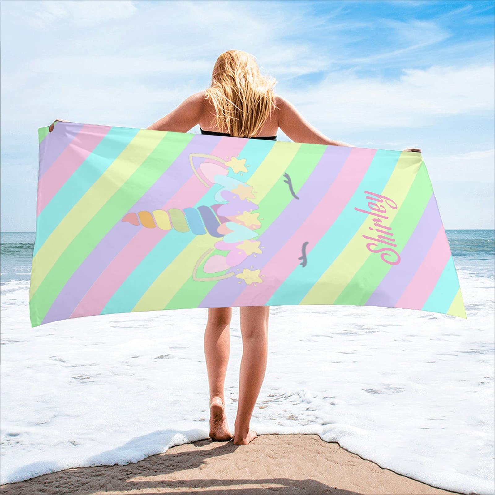 Personalized Unicorn Stripes Beach Towel with Custom Name - 30x60 Inch Double Sided Printed Bath Towel for Women, Kids - Perfect for Pool, Beach, Birthday Gifts & Wedding Favors