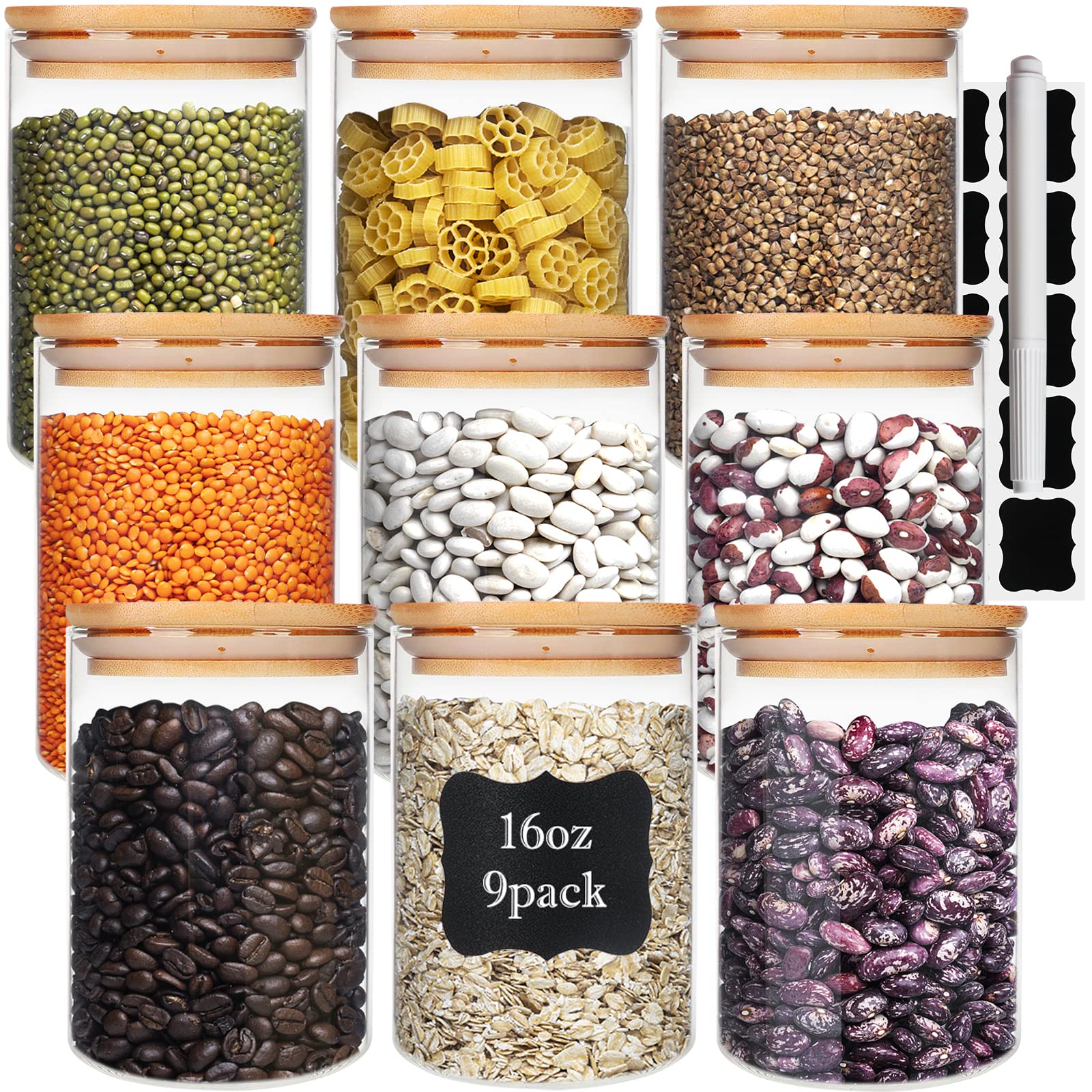 16 oz (490 ml) Glass Food Storage Containers with Airtight Bamboo Lids - 9-Piece Pantry Organization Set for Spices, Flour, Sugar & More | Kitchen Counter Canisters, Terrarium Jars & Meal Prep Containers | Ideal for Home Baking, Coffee Storage & Pantry Organization