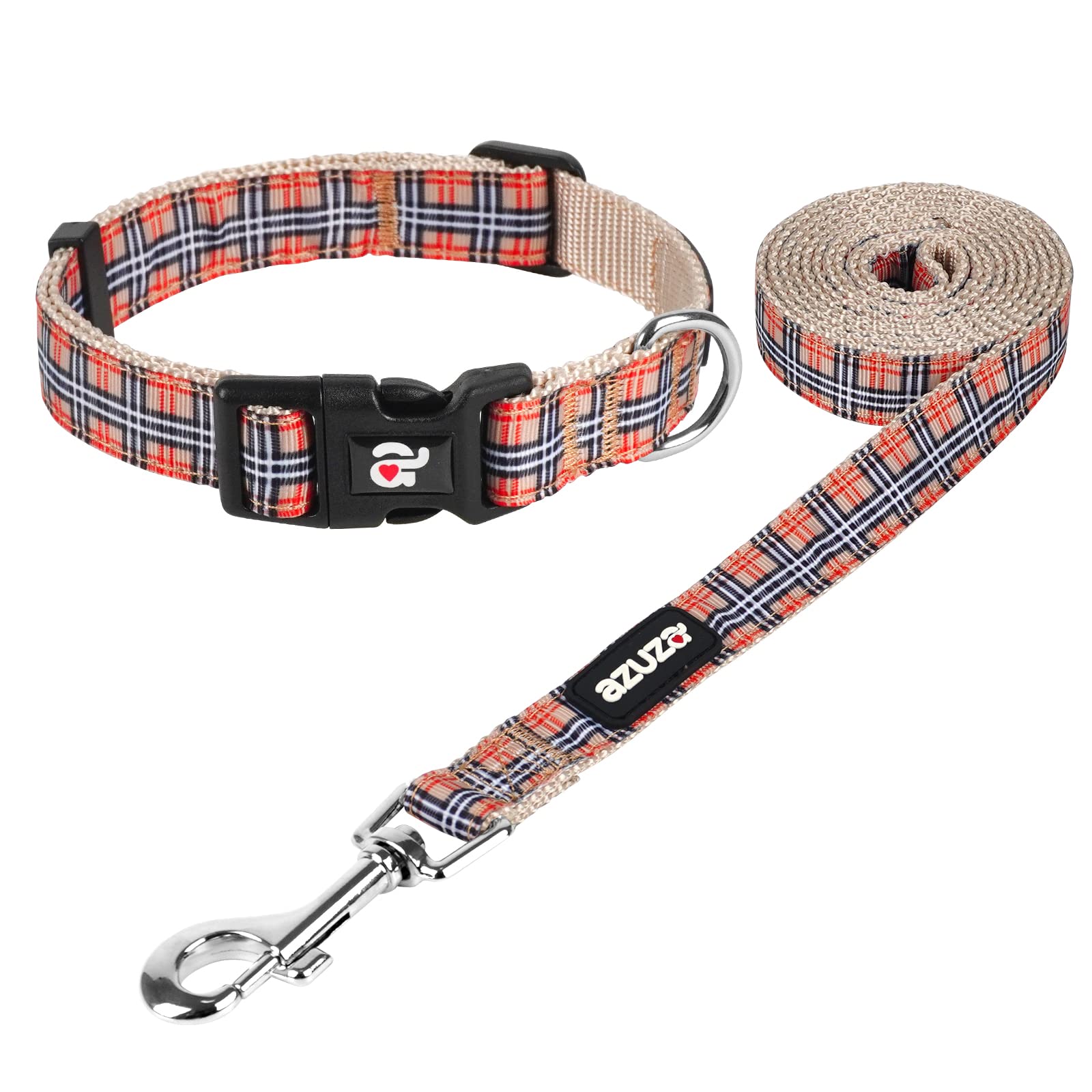 Azusa Classic Plaid Dog Collar and Leash Set for Small Dogs - Matching Collar & Leash Combo for Christmas, New Year, Festivals & Daily Walks - Perfect for Training, Gifting & Outdoor Adventures