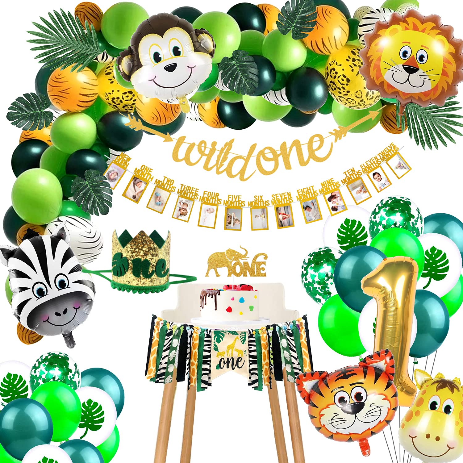 Wild One Jungle Theme Birthday Party Decorations Set - Leaf Garland, Baby Photo Banner, Highchair Banner, Cake Topper, Balloon Arch & Crown for 1st Birthday Safari Decor | Perfect for Baby Shower, Animal-Themed Parties & Nursery Room Decorations