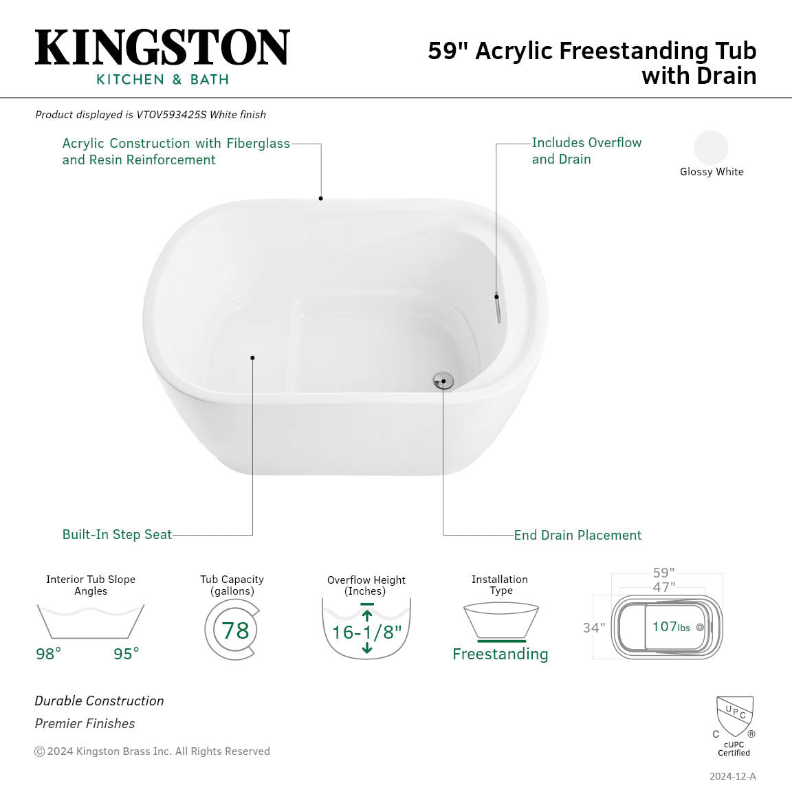 Aqua Eden 59 Inch Acrylic Oval Freestanding Bathtub - Glossy White Double Ended Soaking Tub with Drain | Luxury Bathroom Upgrade for Spa-Like Relaxation