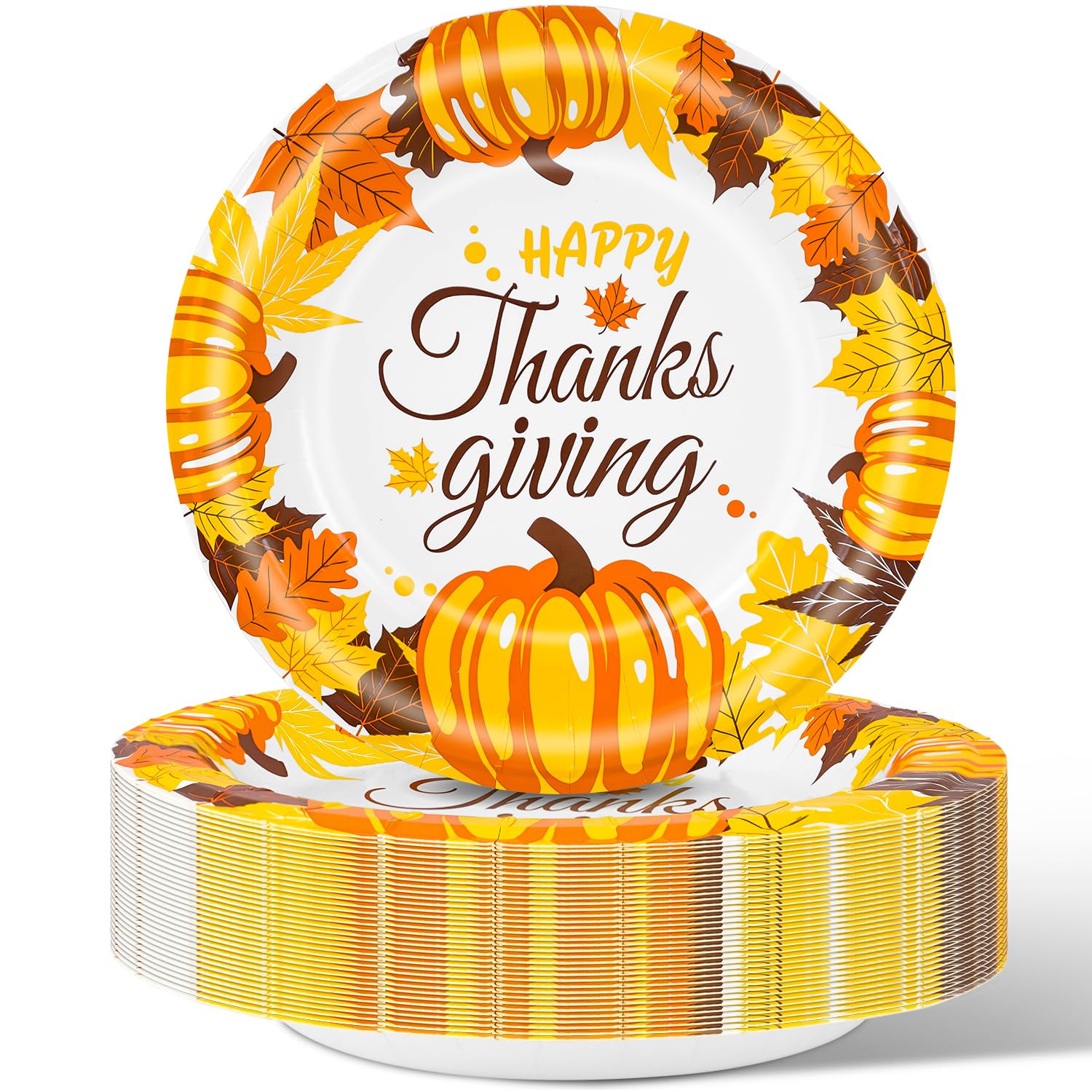 Charmount 50-Pack Thanksgiving Paper Plates 8.5 Inch - Fall Autumn Leaves Pumpkin Design Disposable Dinner Plates for Holiday Parties, Family Gatherings & Dessert Serving (Heavy Duty Bulk Paper Plates) - Perfect for Thanksgiving Dinner, Halloween Parties, Autumn Celebrations & Office Potlucks