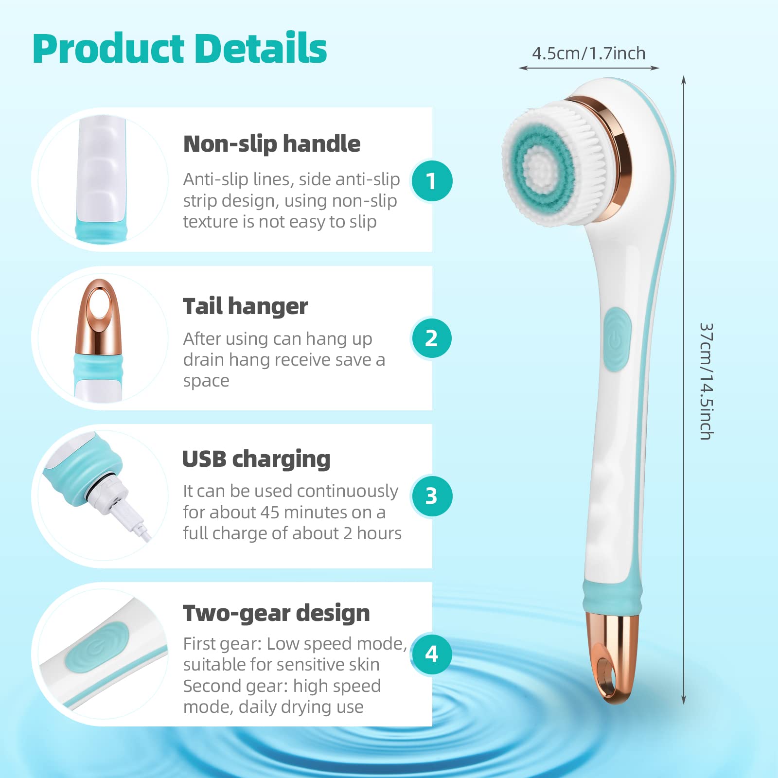 Rechargeable Electric Body Brush with 4 Brush Heads - Waterproof Long Handle Exfoliating Scrubber for Face & Body, Skin Cleansing & Massage | Perfect for Shower, Spa & Home Skincare Routine