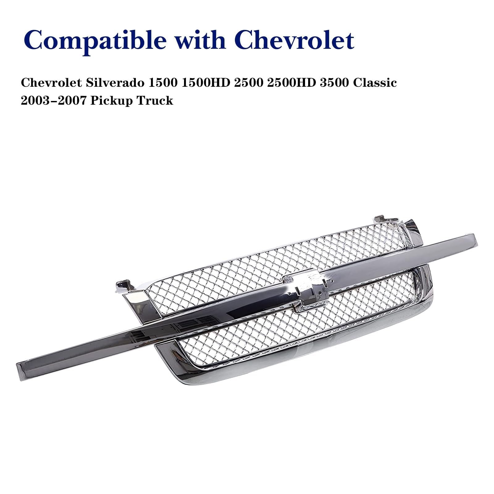 Chrome Front Grille Compatible with 2003-2007 Chevy Silverado 1500/1500HD/2500/2500HD/3500 Classic - GM1200514 | Upgrade Your Truck's Style for Off-Road & Show Car Events