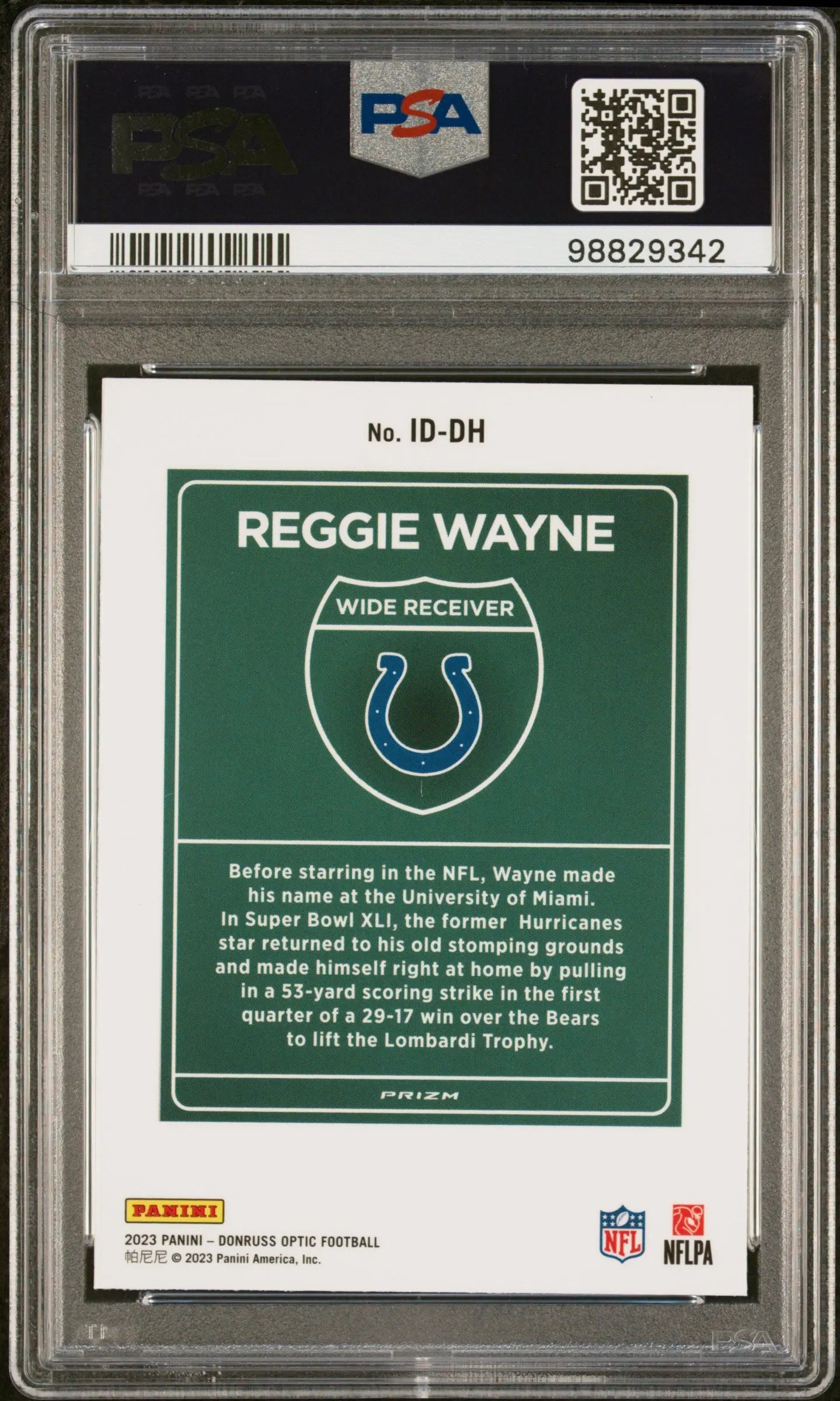 2023 Panini Donruss Optic Super Bowl Downtown Reggie Wayne PSA 10 Gem Mint Football Card #ID DH - Perfect for Collectors, Sports Memorabilia Displays & Investment