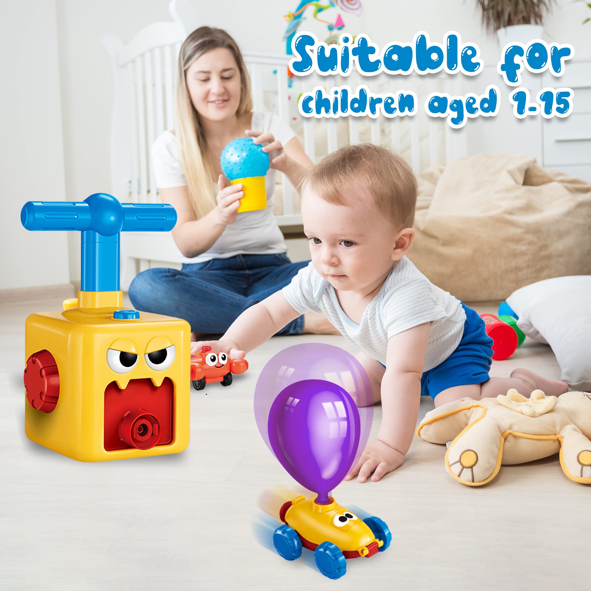 **Balloon Powered Car Toy for Kids - STEM Educational Science Kit with Air Pump, 12 Balloons & Launcher - Fun Party Supplies for Boys & Girls Ages 3-12 (Red-Yellow) - Great for Birthday Parties, Classroom Activities & Science Experiments**