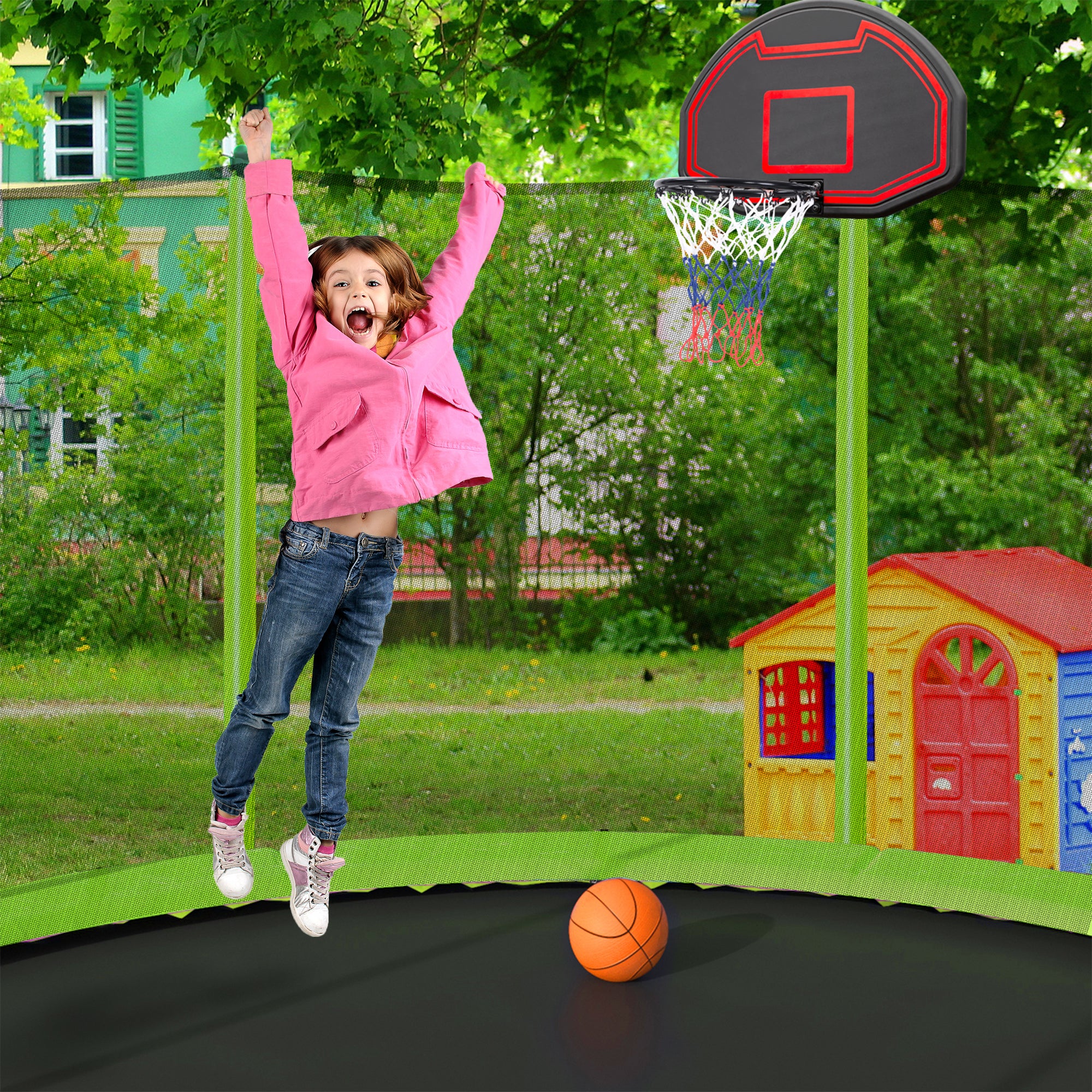 15FT Trampoline with Basketball Hoop, Air Pump & Safety Ladder - Heavy Duty Outdoor Bounce Mat with Enclosure Net for Kids & Adults - Perfect for Backyard Fun, Exercise & Family Activities (Green)