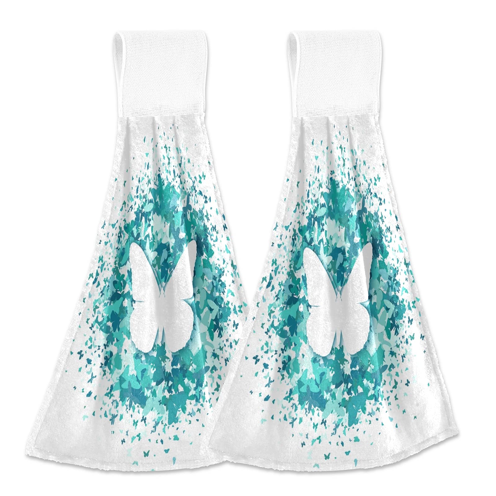 Set of 2 Turquoise Confetti Butterfly Kitchen Towels - Absorbent Hanging Hand Towels & Wash Cloths for Kitchen, Bathroom Decor | Perfect for Holiday Gifts, Housewarming & Home Decoration