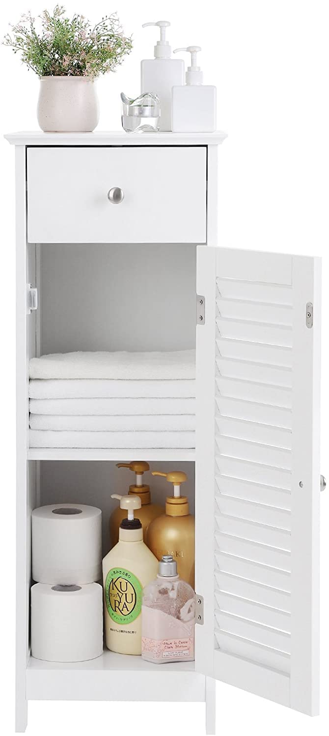 White Wooden Bathroom Floor Cabinet with Drawer & Shutter Door - Storage Organizer Set for Towels, Toiletries & Bath Essentials | Space-Saving Bathroom Furniture for Small Spaces