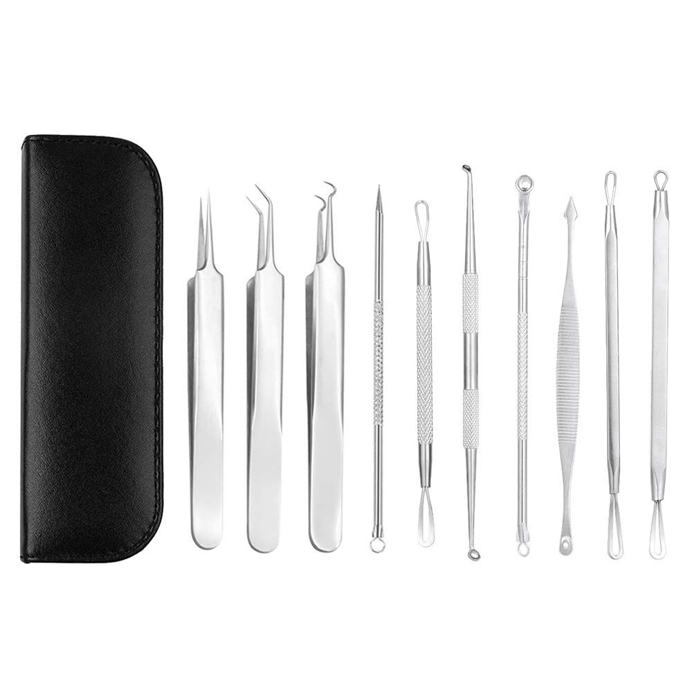 Bestgle Professional 10-Piece Blackhead Remover Kit - Stainless Steel Acne Pimple Extractor & Comedone Tweezers for Whitehead & Blemish Treatment - Perfect for At-Home Facial Care & Skin Cleaning Routine