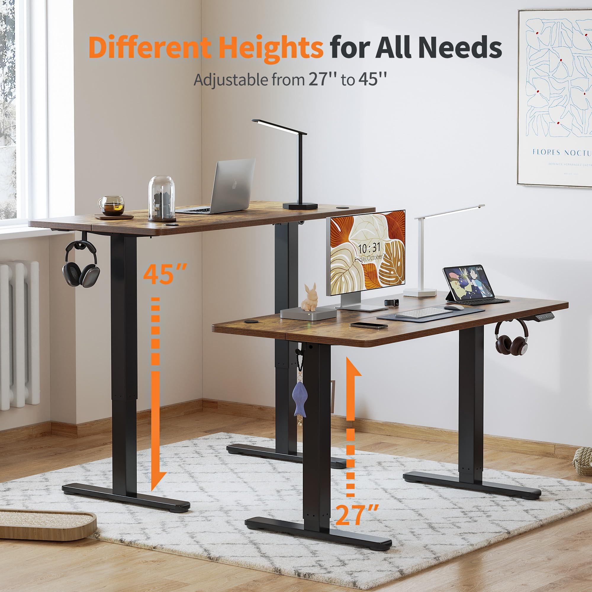 BANTI 48 Inch Electric Height Adjustable Standing Desk - Sit Stand Up Workstation with Rustic Brown Top | Ergonomic Home Office Desk for Work from Home & Gaming Setup