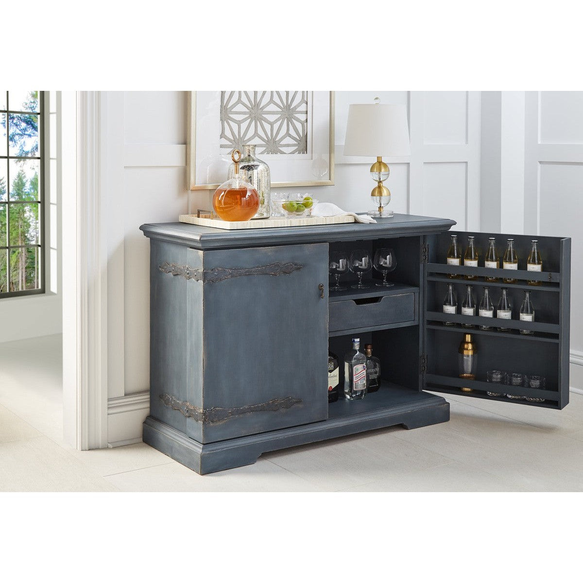 Stylish Blue Alcove Bar Cabinet - Modern Home Bar Furniture for Living Room, Dining Room & Entertaining Spaces