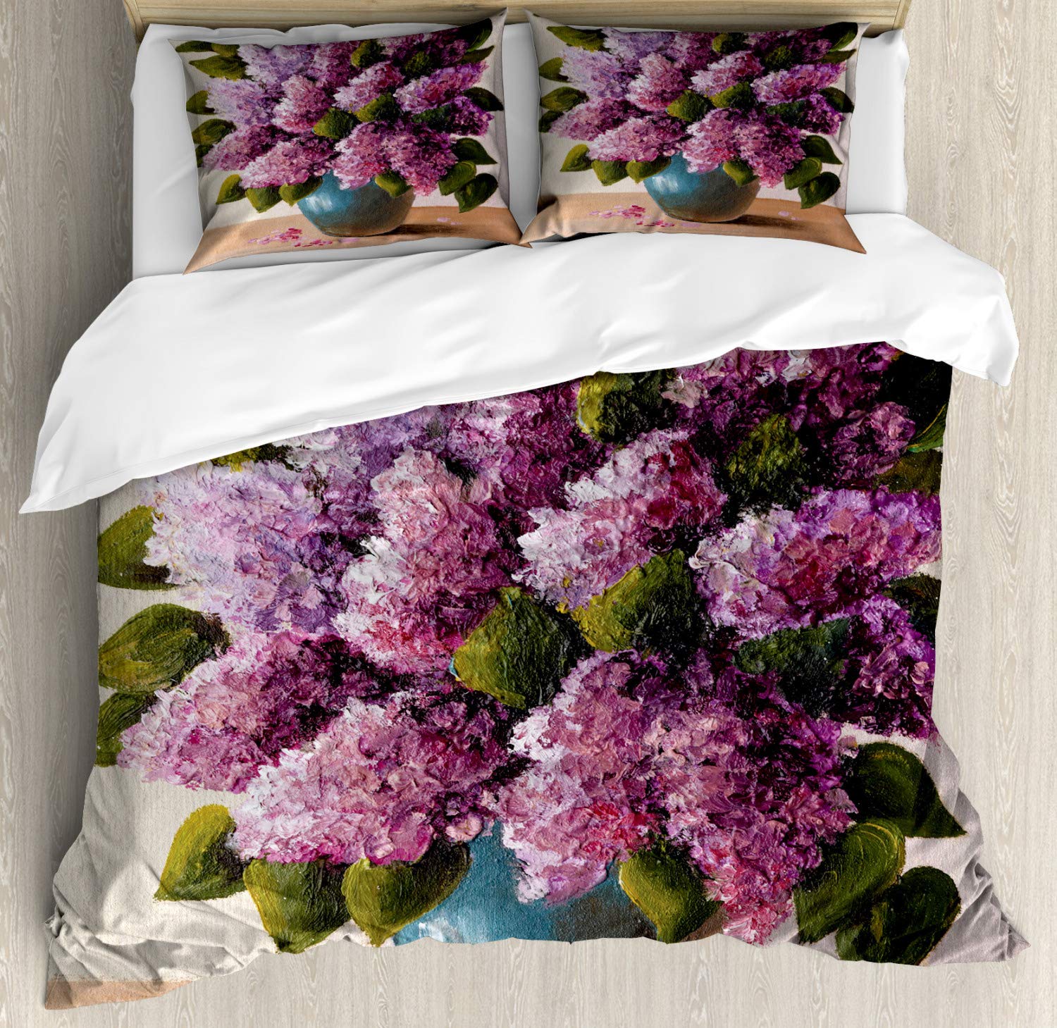 Ambesonne Floral Duvet Cover Set King Size - Oil Painting Spring Bouquet with Lilac Blossoms in Vase, 3-Piece Bedding Set with 2 Pillow Shams - Perfect for Spring Home Decor, Seasonal Nature Themed Bedroom Makeover