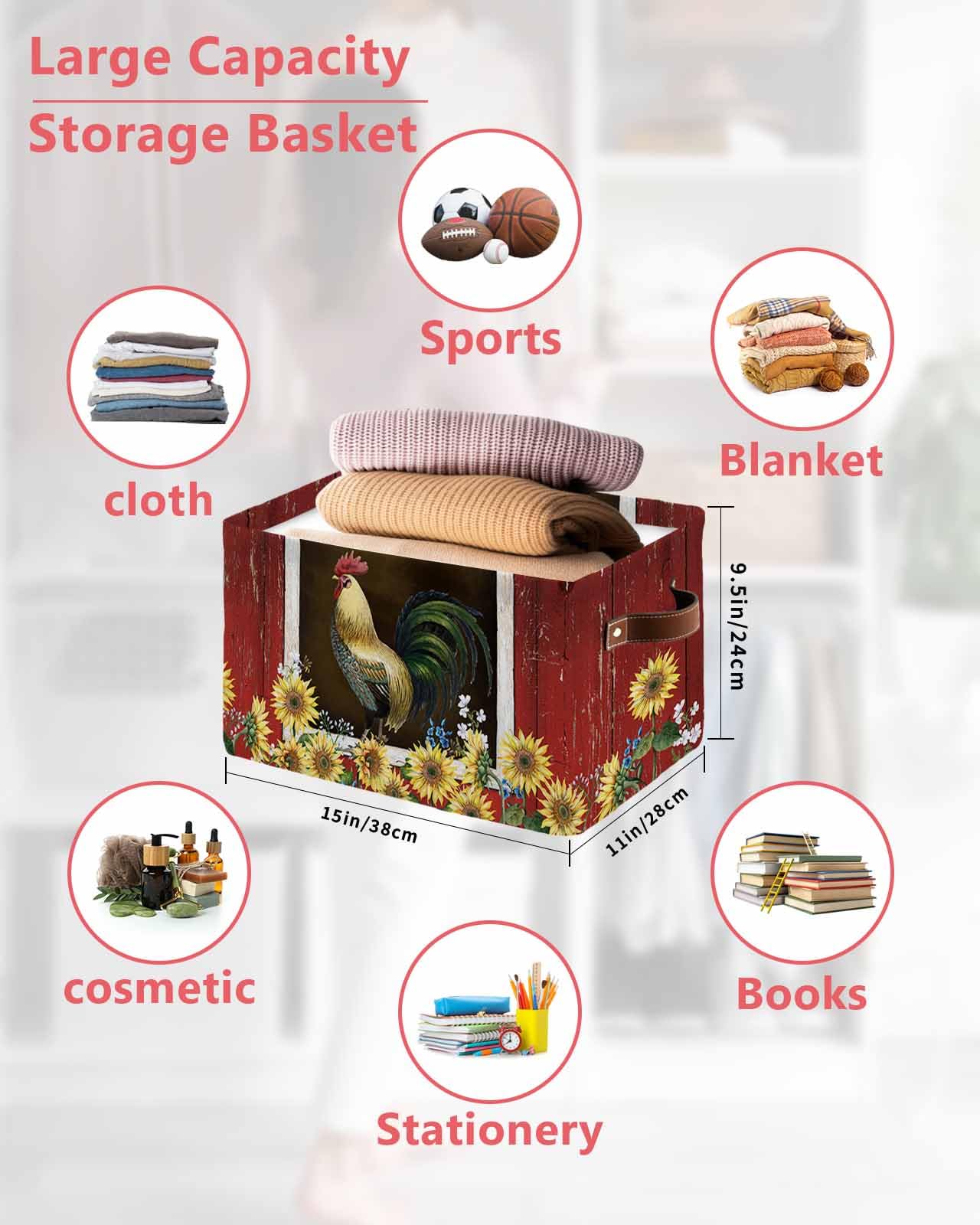 Large Collapsible Storage Bins with Handles - Farmhouse Sunflower Rooster Bee Design, Wooden Barn Style Storage Baskets & Cube Organizers for Shelves, Closet, Nursery (2-Pack) - Perfect for Home Organization, Kids' Room Decor & Farmhouse Style Storage Solutions