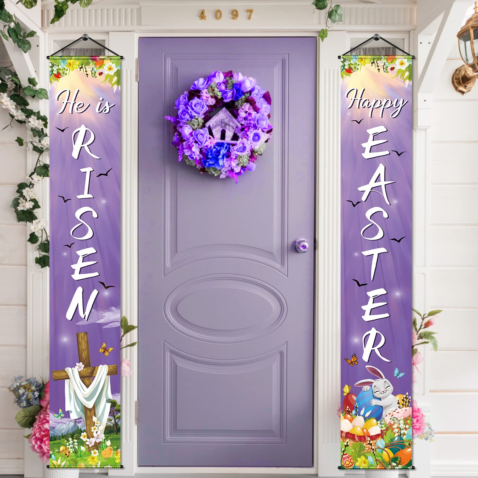 He Is Risen Easter Porch Sign - 2 Pack Happy Easter Banner Decor for Front Door, Wall, Indoor & Outdoor - Perfect for Spring Home Decor & Church Celebrations