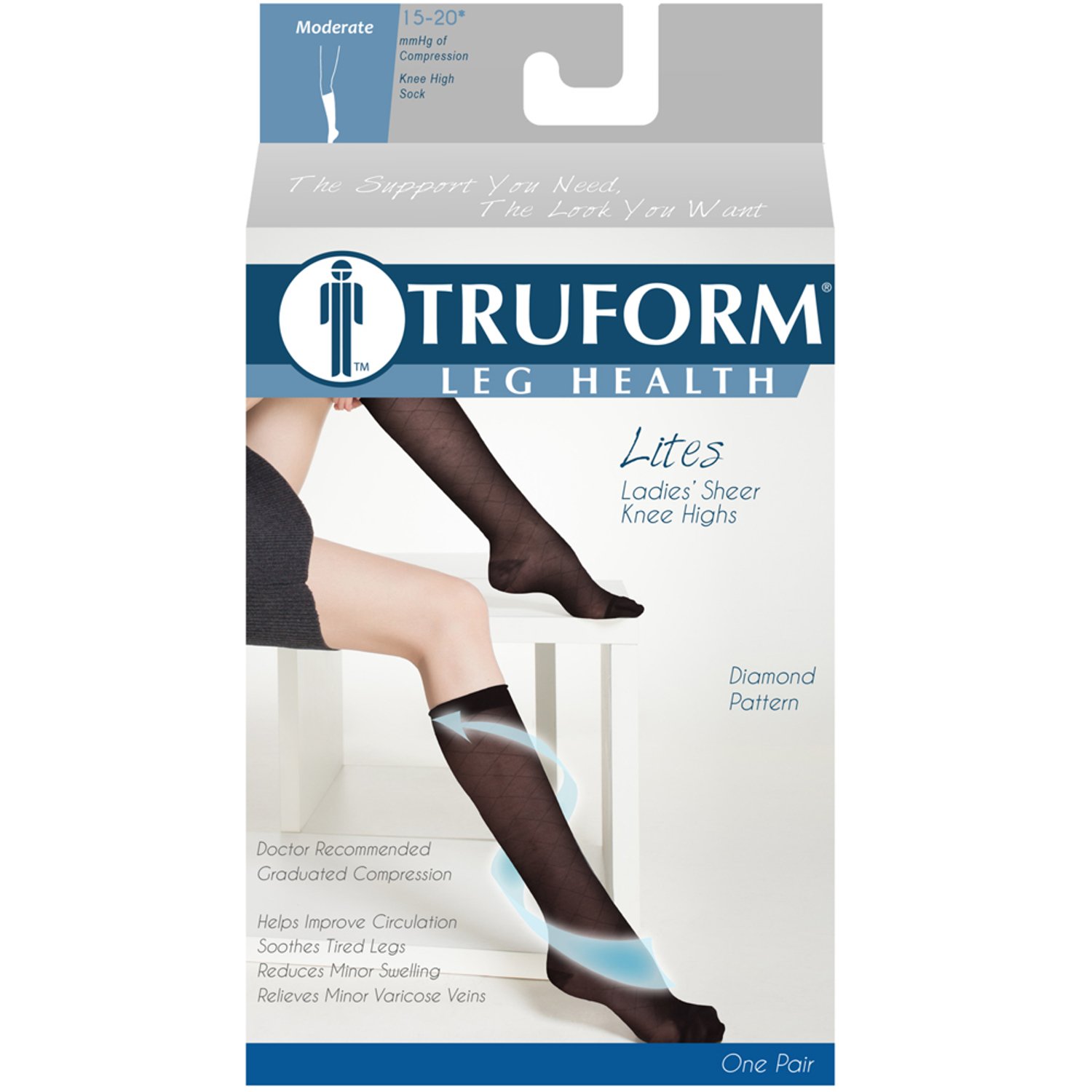 Truform Sheer Compression Stockings 15-20 mmHg for Women - Knee High Support Socks with Diamond Pattern in Black (Large) - Perfect for Travel, Work & Varicose Vein Relief