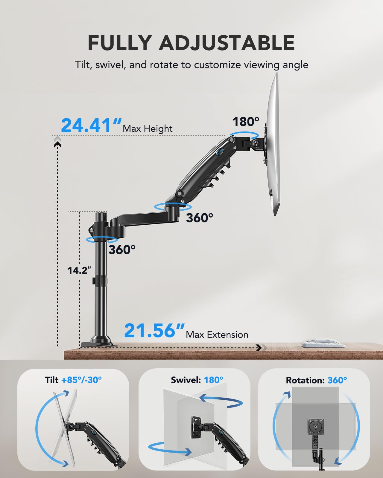 Adjustable Monitor Stand with Swivel & VESA Mount - Fits 13 to 30 Inch Screens, C Clamp & Grommet Base for Home Office & Gaming Setup