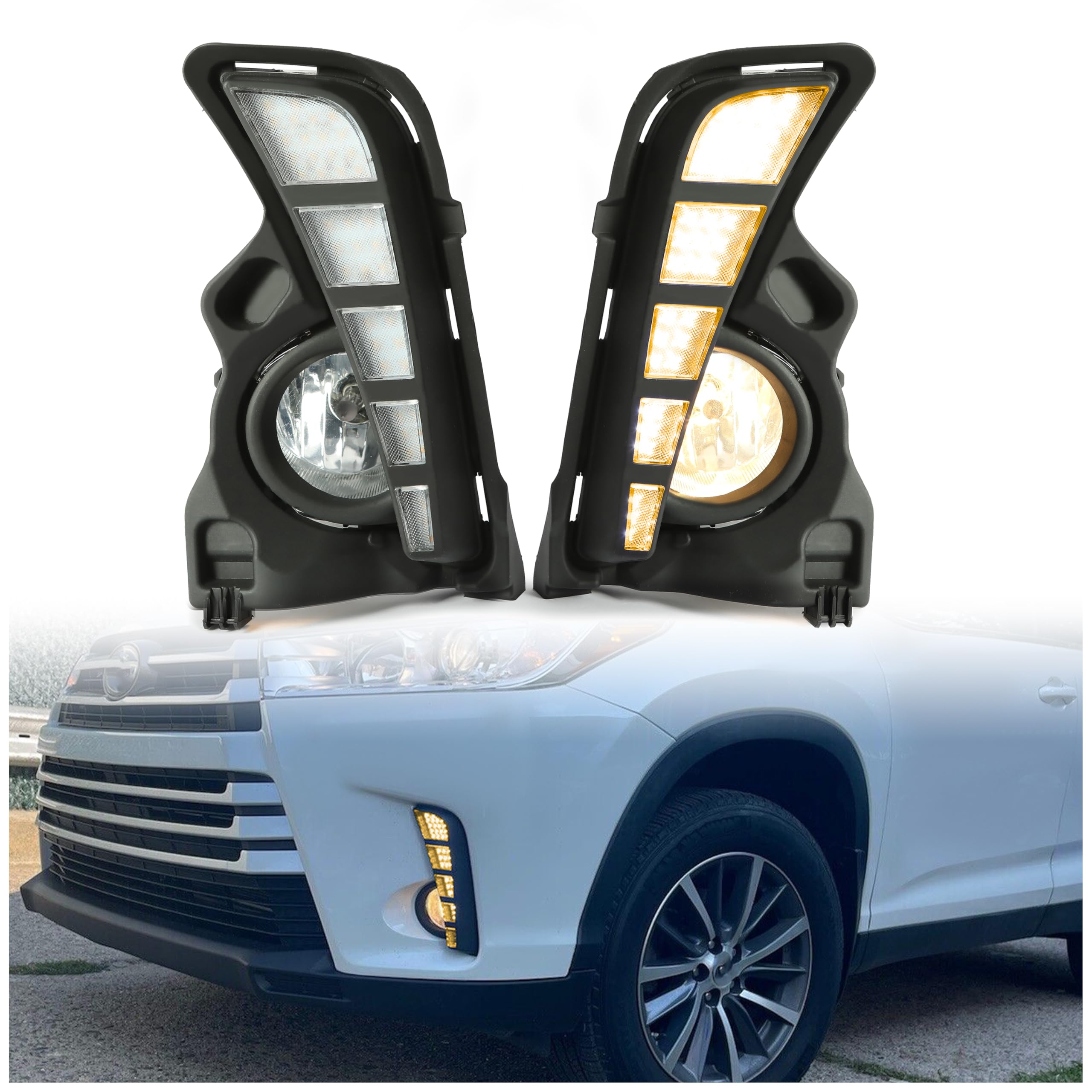 HECASA LED Daytime Running Lights & Fog Lights Kit - Compatible with 2017-2019 Toyota Highlander (Includes Wiring Harness, Turn Signal Lamps) - Upgrade Your Vehicle's Style & Safety for Night Driving and Bad Weather Conditions