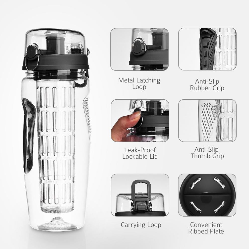 BAISPO 32oz 900ml BPA Free Fruit Infuser Water Bottle with Leak-Proof Lid - Reusable Sports Shaker for Gym, Running & Outdoor Activities