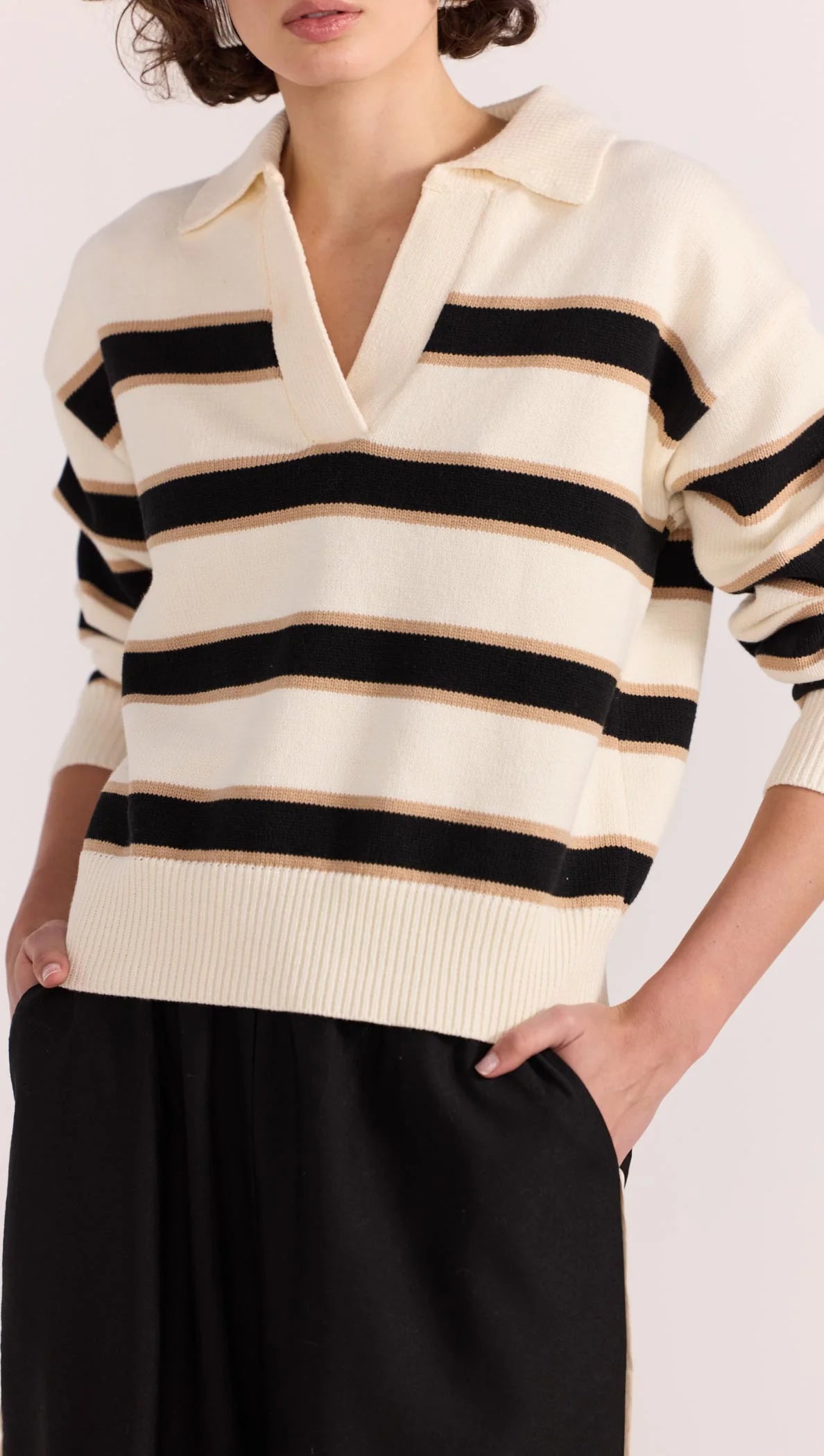 Hudson Cream Black Stripe Polo Sweater for Men - Classic Cotton Knit Pullover for Casual Wear & Office Outfits