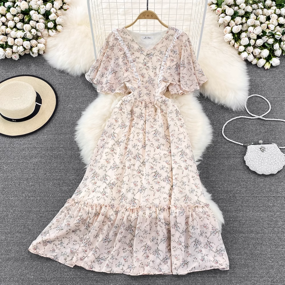 Elegant Fairy High Waist V-Neck Ruffled Chiffon Floral Maxi Dress for Women - Perfect for Summer Weddings, Garden Parties & Romantic Dates