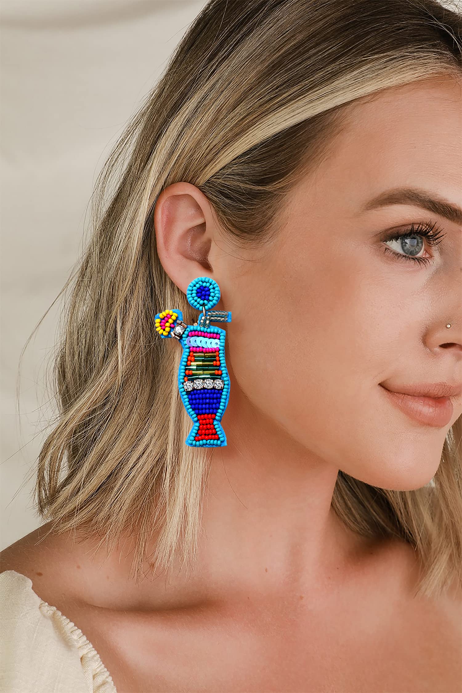 Boho Colorful Beaded Drop Earrings for Women - Tropical Fruit Cocktail Rhinestone Dangle Earrings - Perfect for Beach Parties, Vacations & Summer Festivals