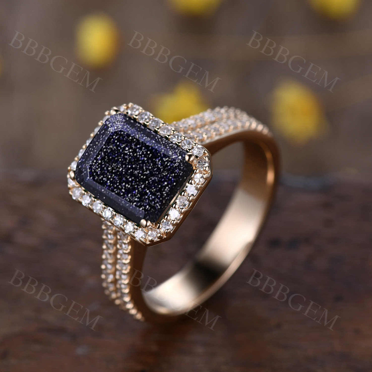 8x10mm Emerald Cut Yellow Gold Blue Sandstone Diamond Halo Ring for Women - Elegant Wedding, Engagement & Anniversary Jewelry Gift
