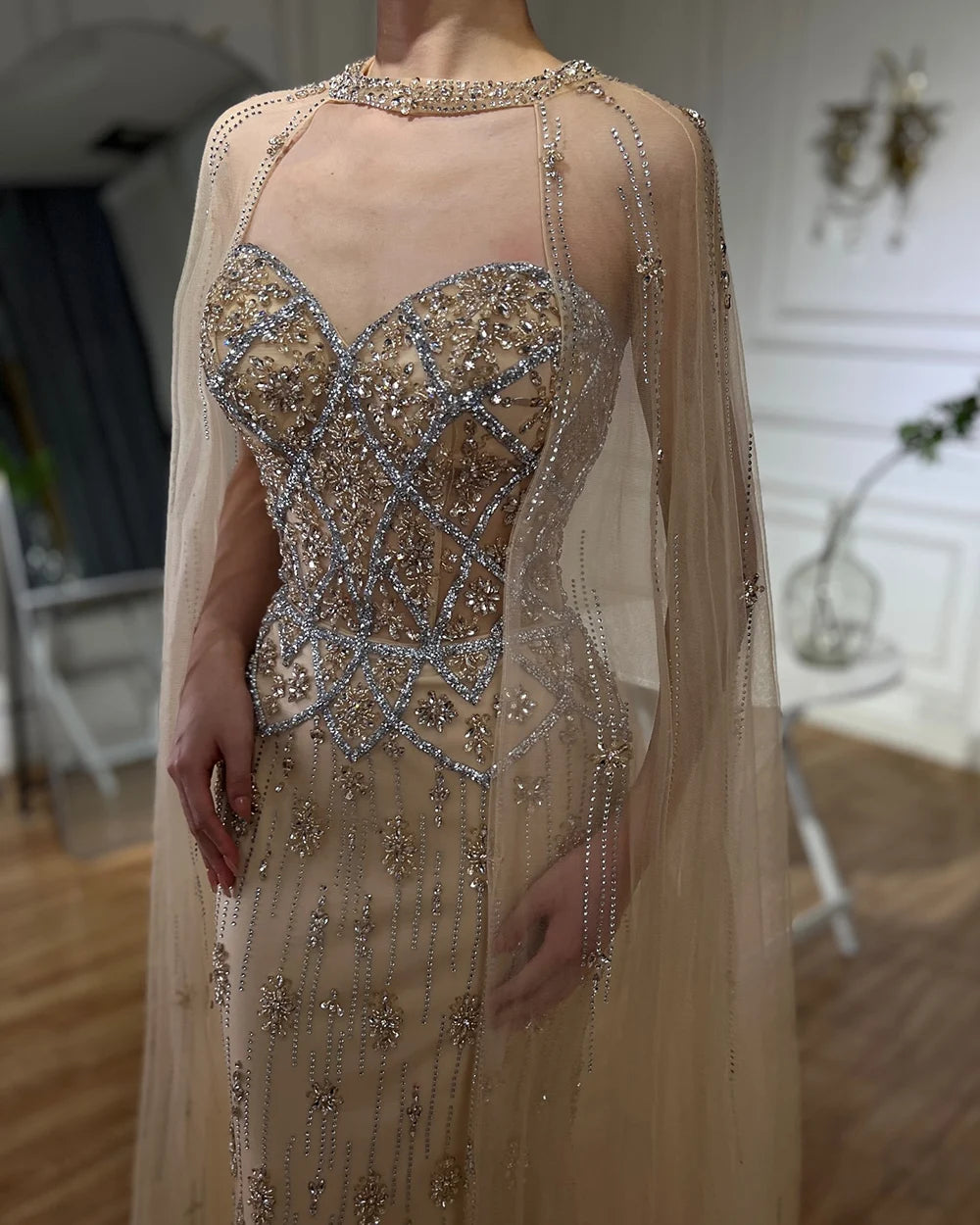 Luxury Dubai Nude Saudi Evening Gown with Detachable Cape Sleeves - Mermaid Beaded Formal Dress for Wedding, Prom, Gala & Special Occasions LA72716