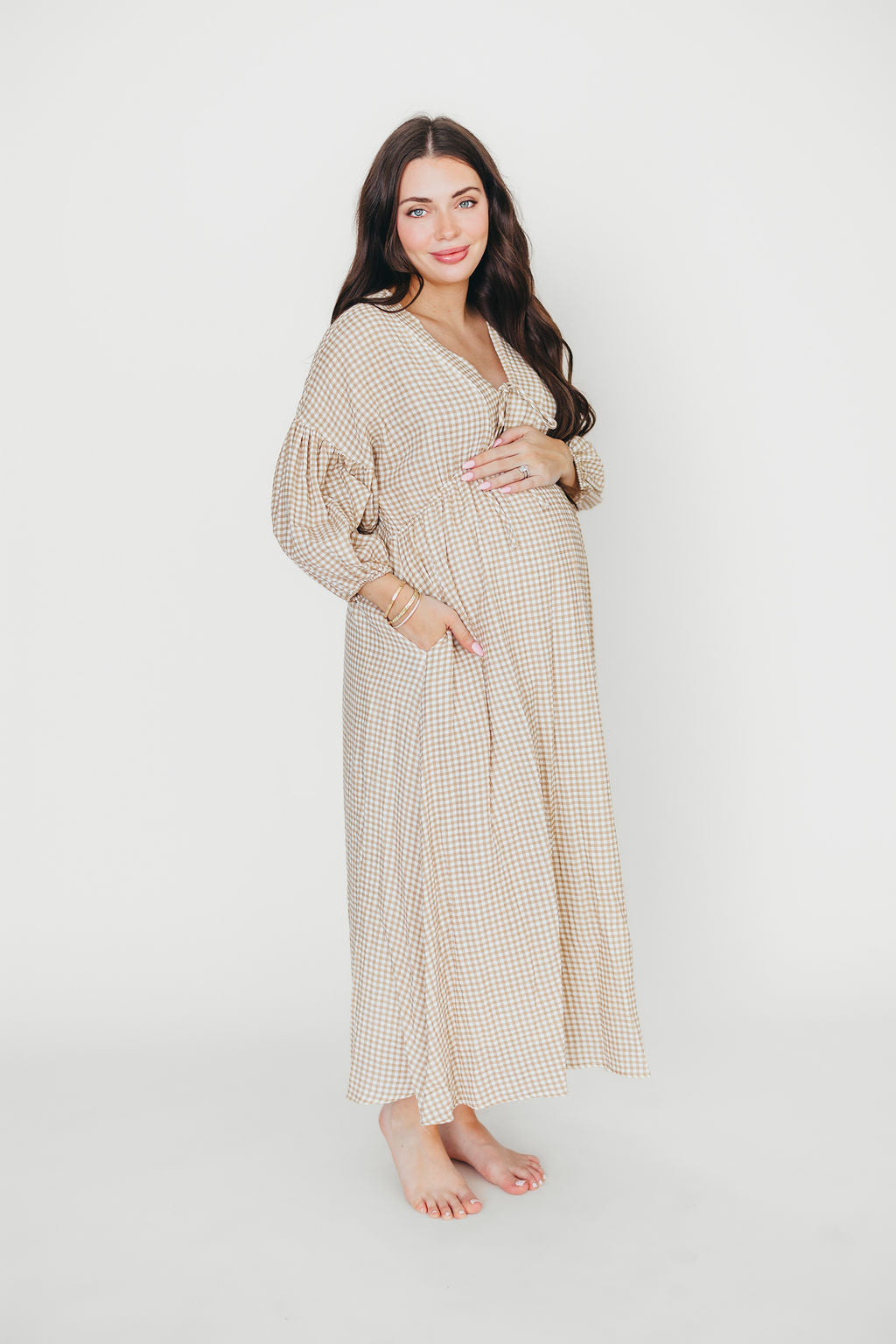 Hunter Printed Gauze Midi Dress in Natural Plaid - Bump Friendly Maternity Dress for Summer, Beach & Casual Wear