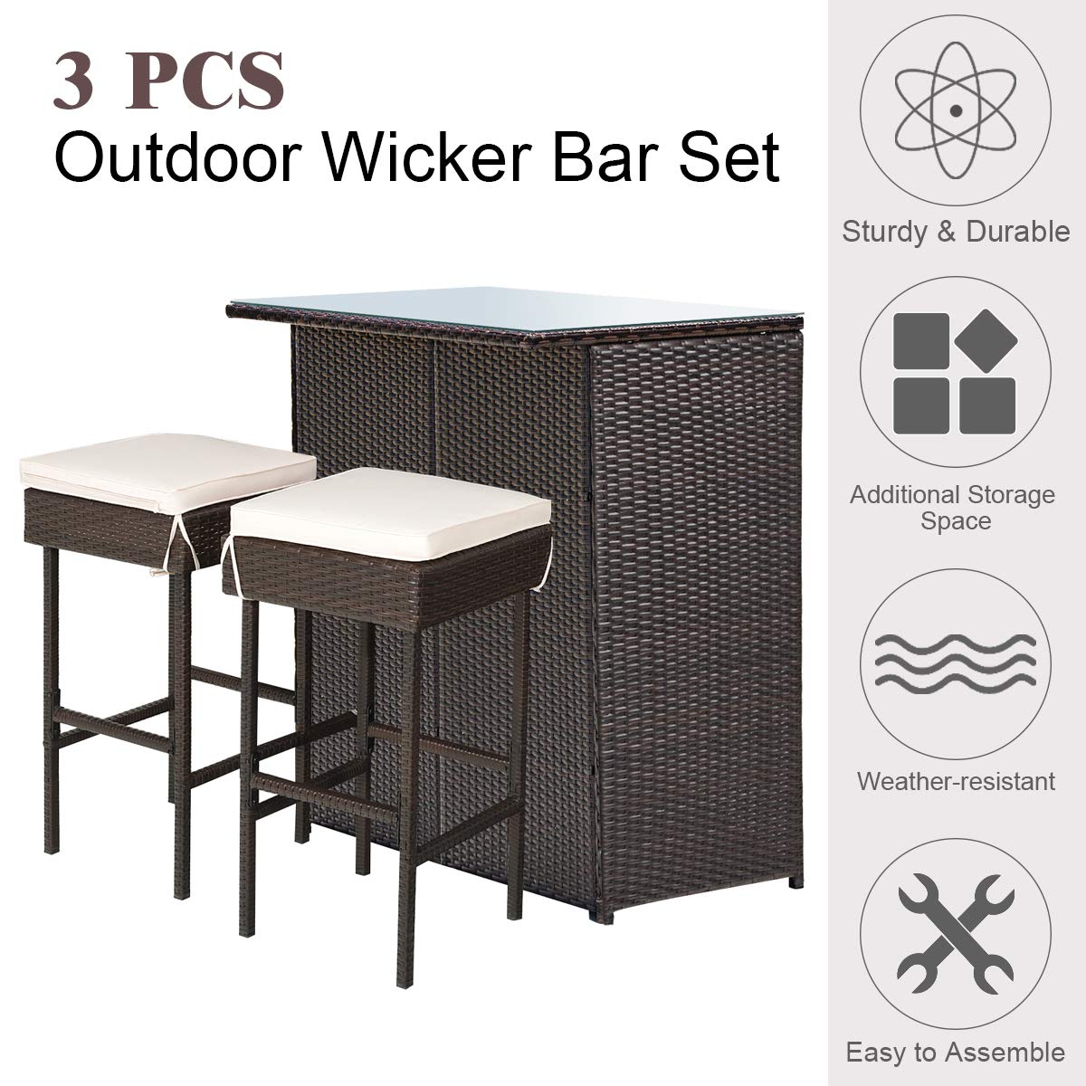 Tangkula 3-Piece Outdoor Patio Bar Set - Rattan Wicker Bistro Set with 2 Cushioned Bar Stools & Tempered Glass Table - Weather-Resistant Outdoor Furniture for Backyard, Garden, Poolside & Patio (Beige) | Perfect for Entertaining, Relaxing & Outdoor Dining