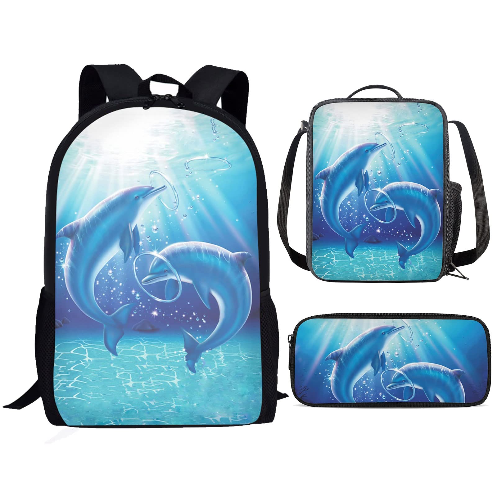 BYCHECAR Cute Dolphin Backprint Backpack for Girls - Insulated Lunch Box & Water Bottle Holder Included - School Bag for Elementary & Middle School Students - Perfect for Hiking, Travel & Daily Use