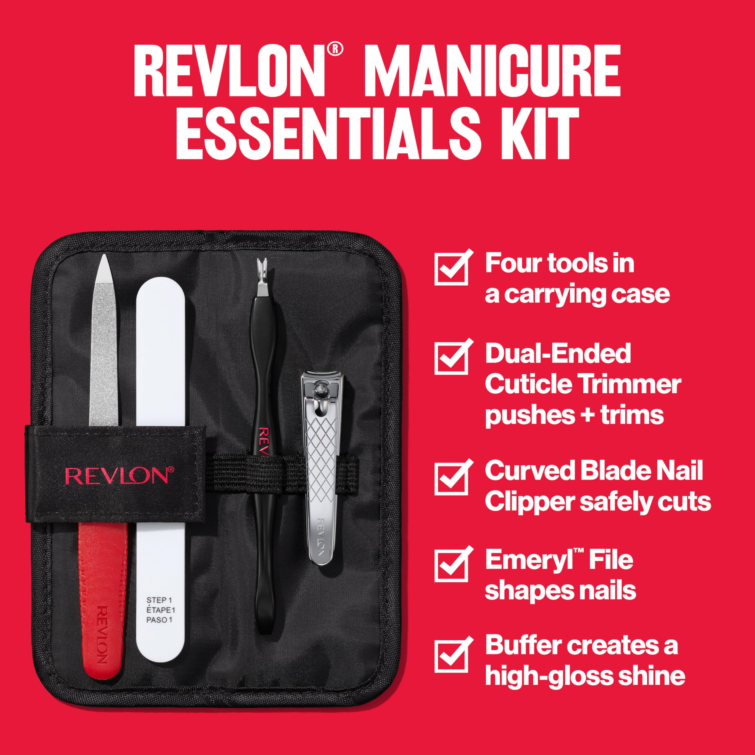 Revlon Manicure Essentials Kit with Travel Case - Nail Care Set with Dual Ended Cuticle Trimmer, Curved Blade Clippers, Compact Emery File & Buffer (Pack of 1) - Perfect for Home Nail Care, Travel & Salon Use