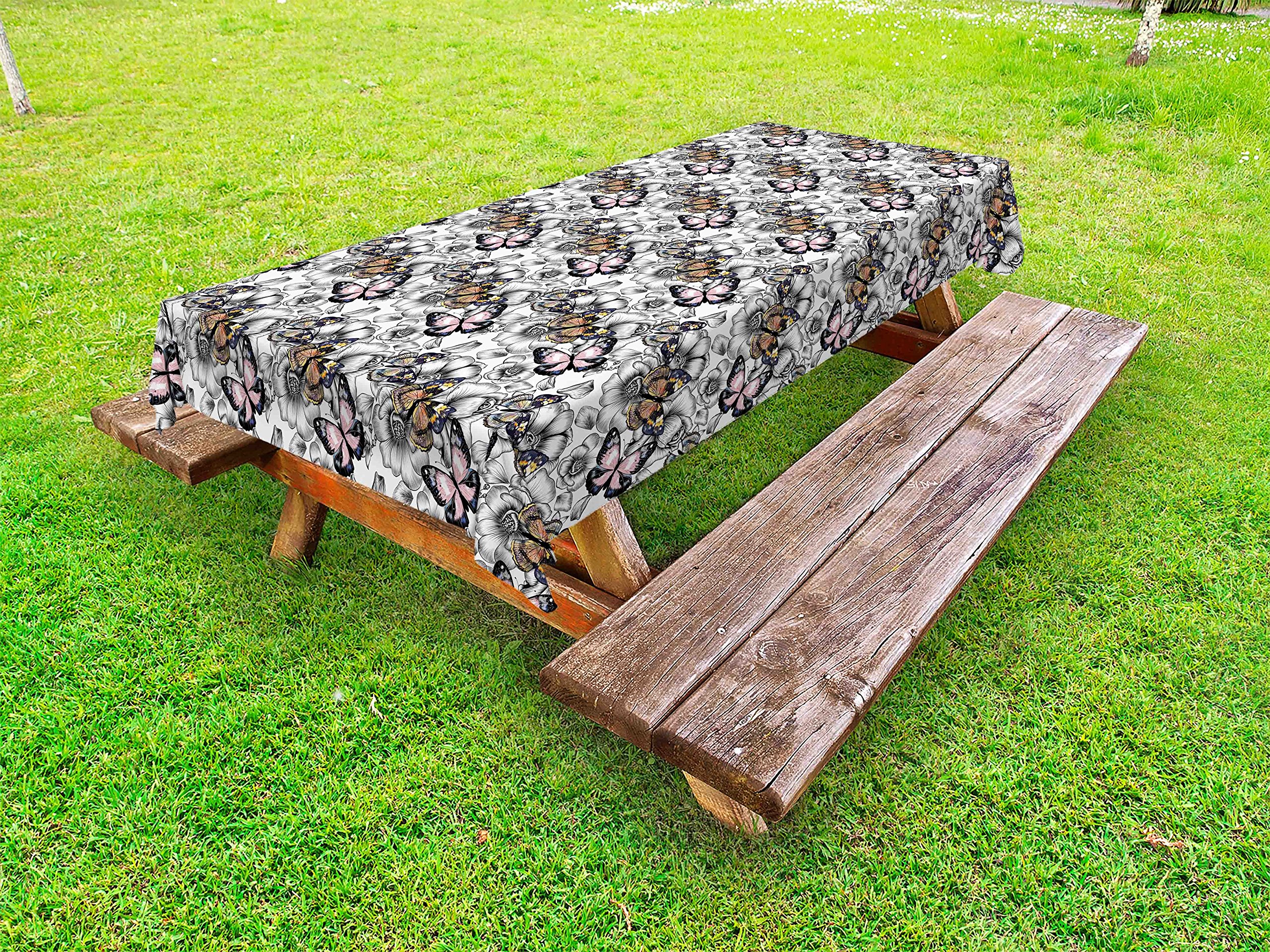 Ambesonne Butterfly Print Outdoor Tablecloth - Monochrome Floral Design with Colorful Summer Flowers - Waterproof Washable Picnic Table Cover 58x84 Inches - Pale Pink Orange Black - Perfect for Garden Parties, BBQs, and Outdoor Dining