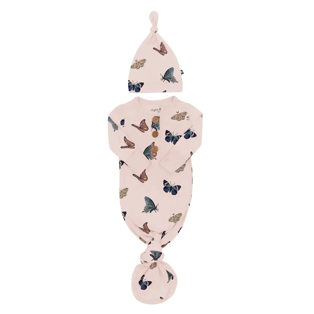 Kyte Baby Printed Knitted Gown with Hat Set - Soft Blush Butterfly Pattern | Newborn Baby Shower Gift & Hospital Going Home Outfit