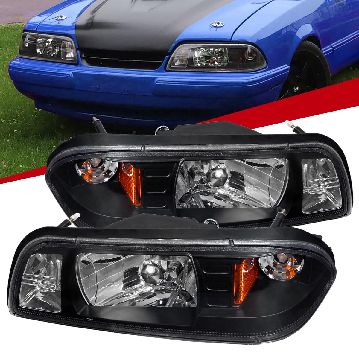 Ford Mustang 1987-1993 Replacement Headlights - Black Euro 1-Piece Style Lamps | Perfect for Restoration & Night Driving