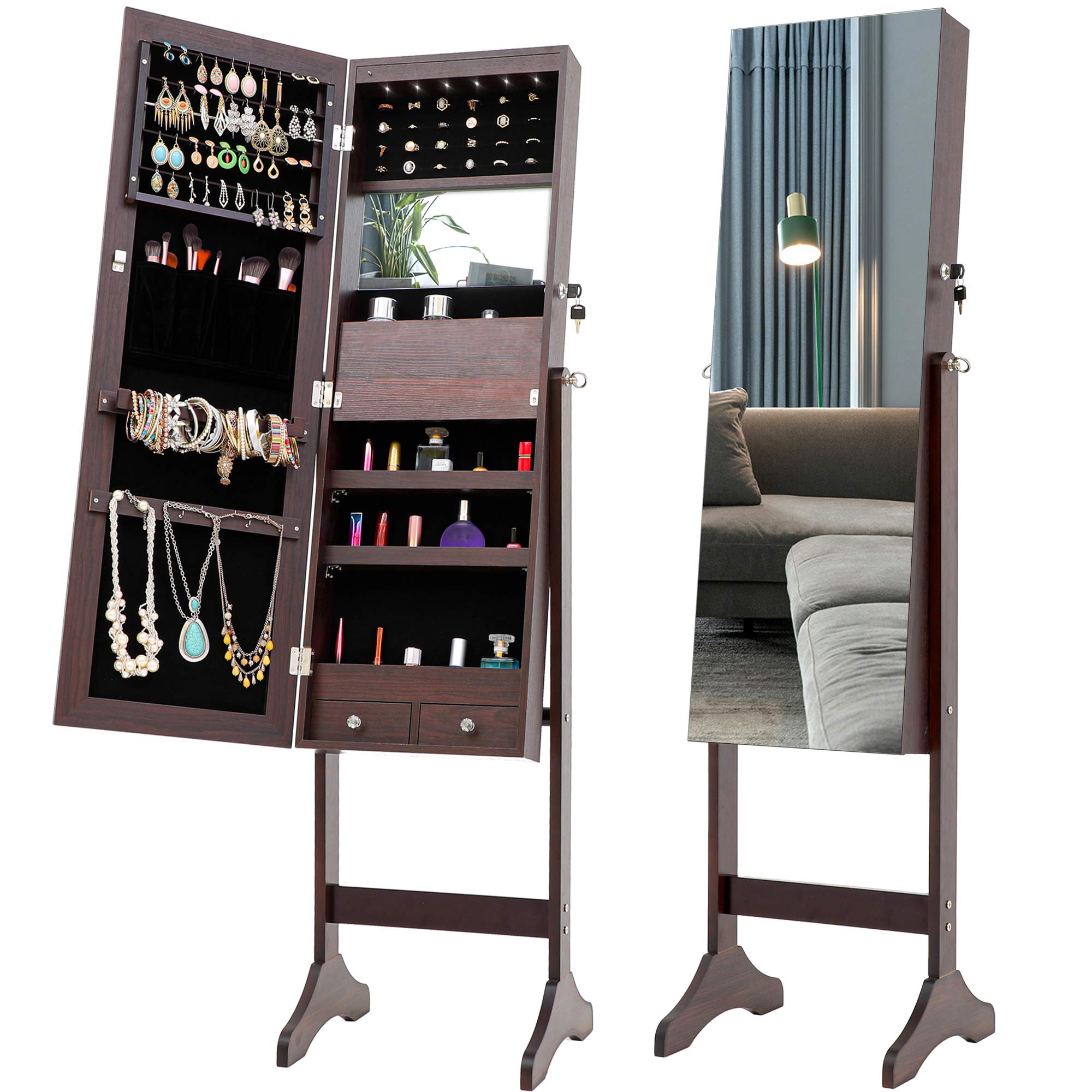 Elegant LED Jewelry Storage Mirror Cabinet - Stylish Vanity Organizer with Lights for Bedroom & Living Room | Perfect for Makeup, Jewelry Display & Home Decor