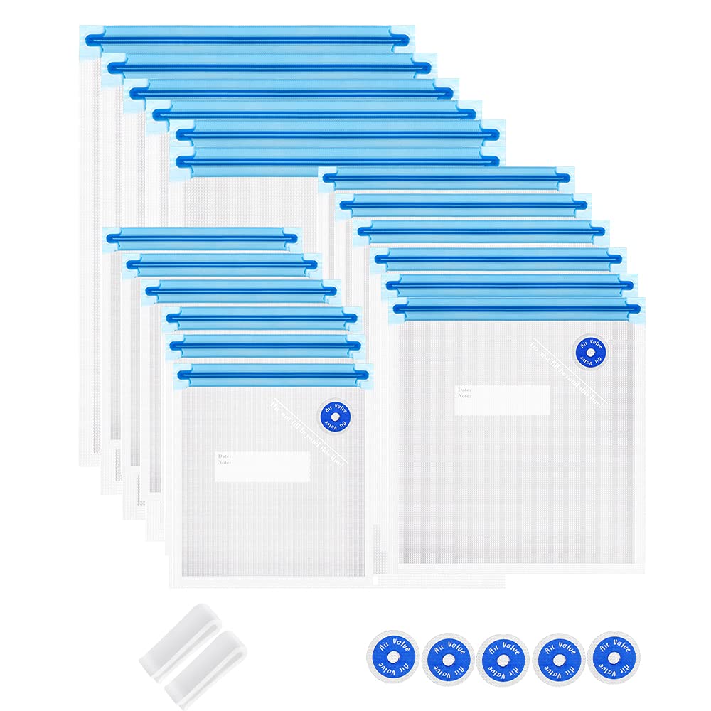 Premium Sous Vide Bags Kit - 25 Pcs Reusable BPA-Free Vacuum Sealer Bags with Double-Layer Zippers (3 Sizes) + 2 Sealing Clips & 5 Air Valves - Perfect for Food Storage, Meal Prep & Sous Vide Cooking at Home