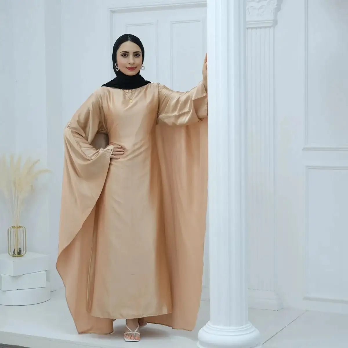 Elegant Butterfly Batwing Sleeve Satin Farasha Abaya Dress with Inner Belt - Modest Muslim Women's Prayer Dress for Special Occasions & Evening Events