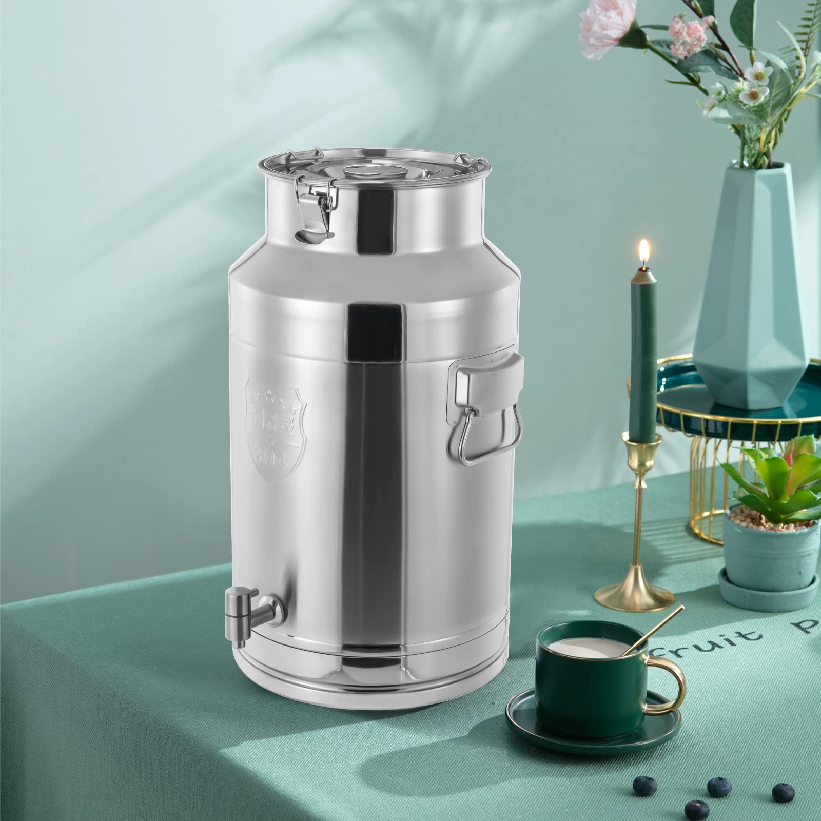 Stainless Steel Milk Can Container with Lid & Handles - 35L Wine Storage Barrel for Water, Beer, Cream, Flour, Oil, Rice & Grain - Leak-Proof Design with Faucet - Perfect for Home Brewing, Farm Storage & Commercial Kitchen Use