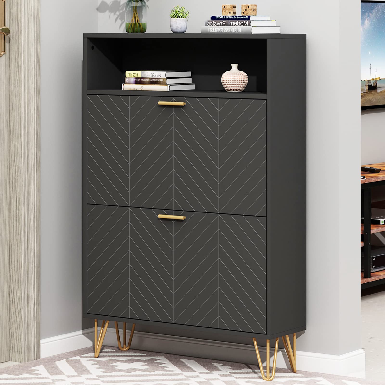 Modern Tipping Bucket Shoe Storage Cabinet with 2 Flip Drawers - Space Saving Entryway Shoe Rack with Storage Top Cubby, Narrow Slim Hidden Organizer with Doors - Freestanding Shoe Cabinet for Small Spaces (Black) | Perfect for Apartments, Hallways & Closet Organization
