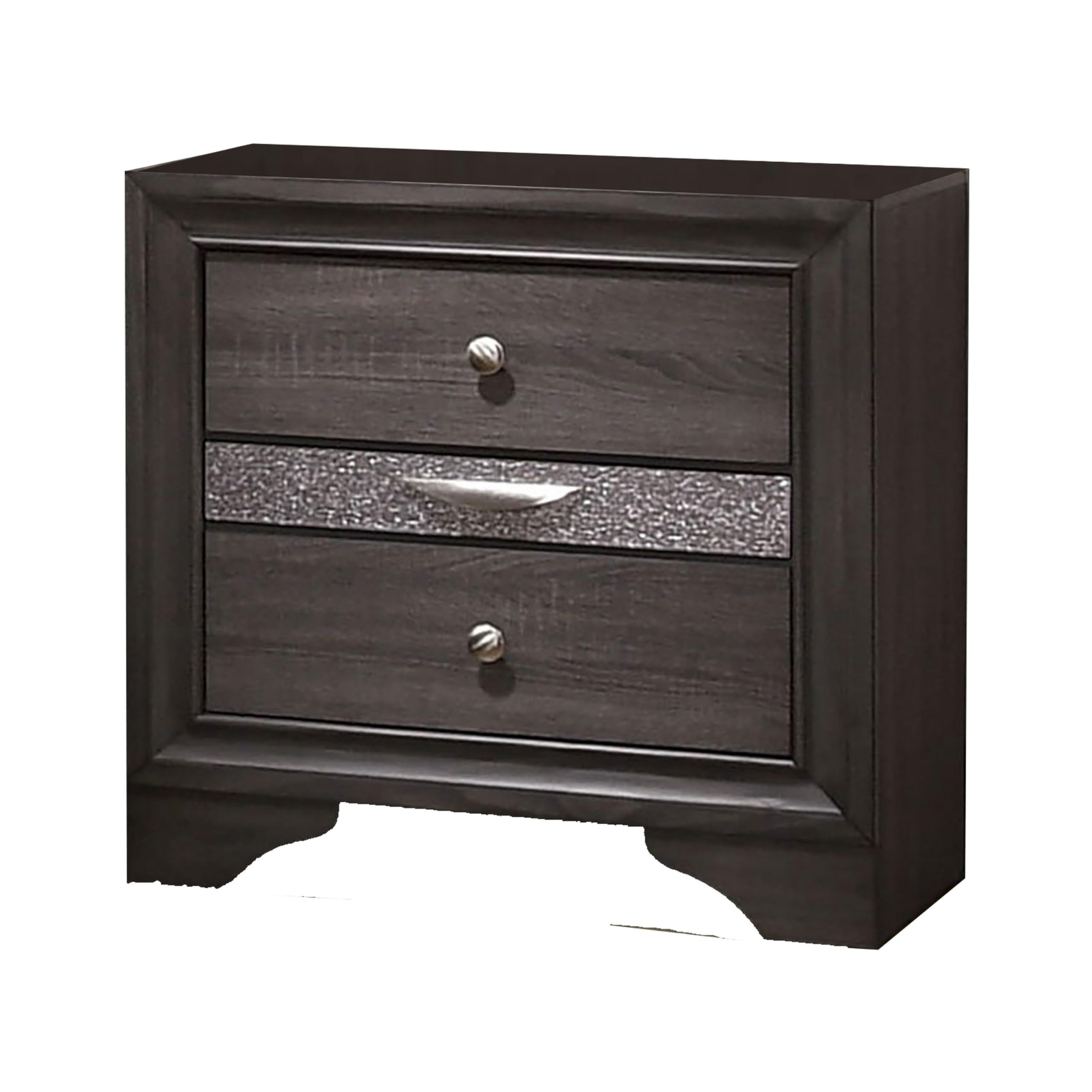 Benjara Gray and Silver Wooden Nightstand with 2 Drawers - Jewelry Storage Bedside Table for Bedroom, Living Room, or Guest Room