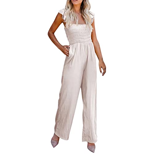 Women's Plus Size Casual Jumpsuit - Spring Summer Ruffled Straps High Waist Wide Leg Pants in Khaki (Size S) | Perfect for Beach Vacations, Date Nights & Summer Outings